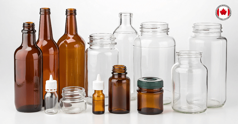 A diverse collection of glass bottles and jars manufactured and supplied in Canada for different industries.