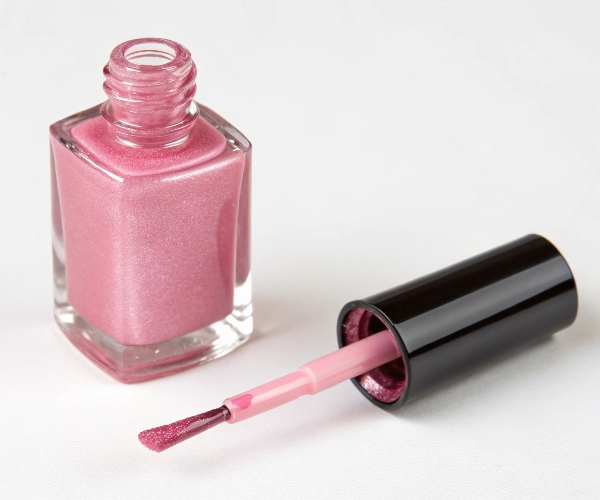 Diagram illustrating the anatomy of a nail polish bottle, showing the glass bottle, the brush and stem, and the cap
