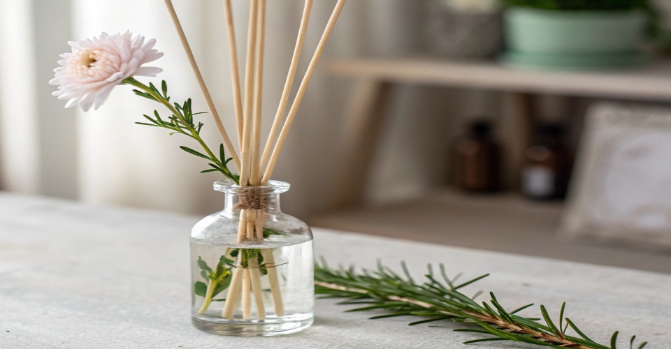 Empty clear diffuser bottle repurposed as a small vase holding a single delicate flower or a small sprig of greenery, enhancing a minimalist decor.