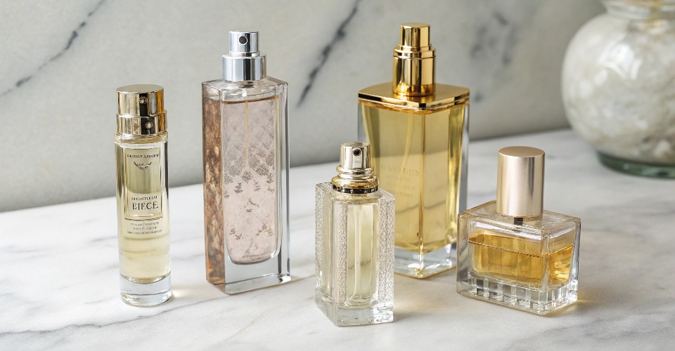 A beautiful lineup of perfume bottles in various sizes, from a small 10ml travel spray to a large 100ml bottle, arranged elegantly on a marble surface.