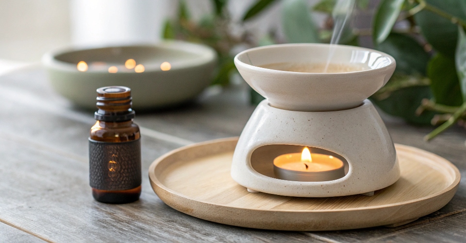 A simple ceramic electric heat diffuser with a small dish on top, warming essential oil to release fragrance.