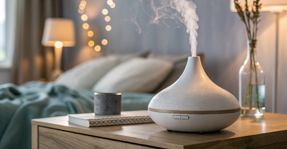 A sleek, modern ultrasonic diffuser emitting a cool mist, placed on a side table with soft lighting in the background.
