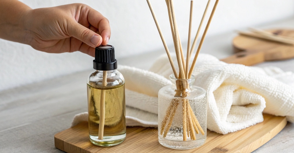 Hand flipping reed diffuser sticks in a bottle of fragrance oil, with a clean cloth nearby, demonstrating routine maintenance.