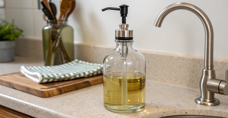 Upcycled diffuser bottle fitted with a pump top, used as a stylish dispenser for olive oil in a kitchen or liquid hand soap in a bathroom.
