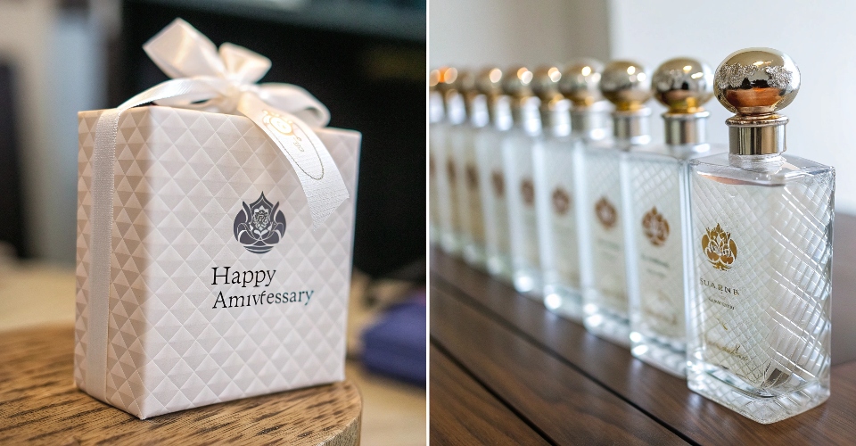 A split image showing a beautifully wrapped perfume bottle with 