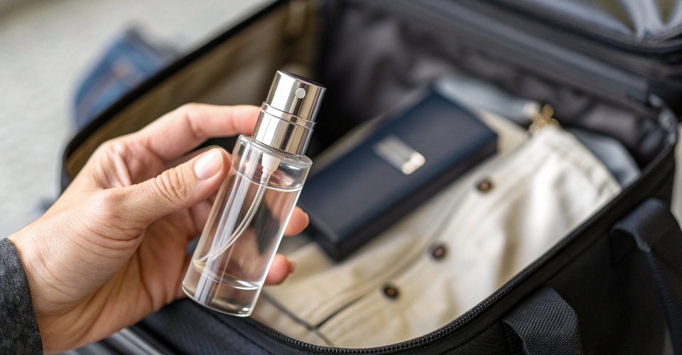 A person's hand holding a sleek, 10ml travel-sized perfume spray bottle against a blurred background of a travel bag.