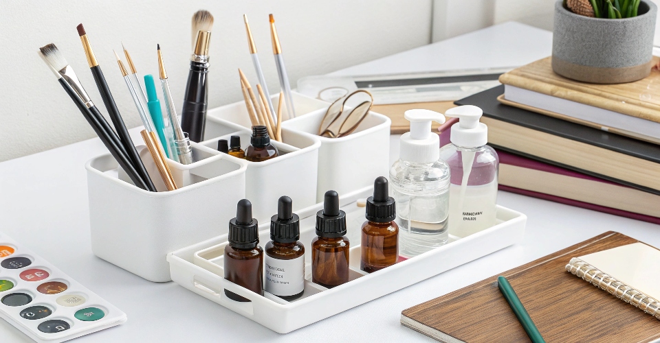 A collection of various sized empty diffuser bottles arranged on a desk, holding pens, paintbrushes, and other small office supplies.