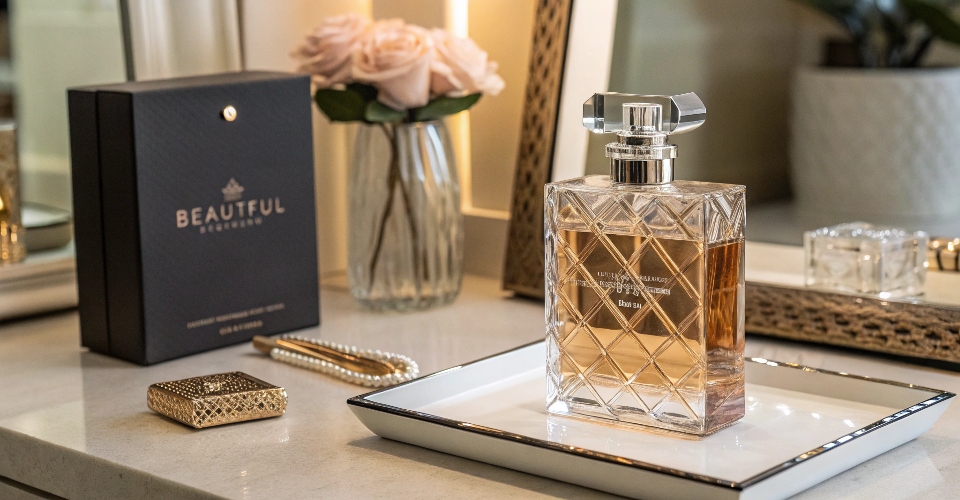 A large, luxurious 100ml designer perfume bottle sitting elegantly on a vanity table next to its beautiful retail box.