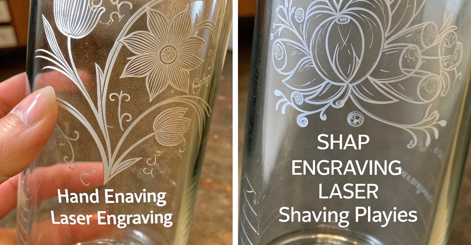 A close-up, split-screen photo comparing hand-engraving's artistic, flowing lines with the sharp, perfect precision of laser-engraved text on glass.