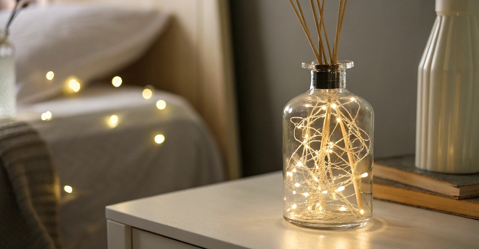 Clear glass diffuser bottle filled with warm white fairy lights, glowing softly on a bedside table, creating a cozy ambiance.