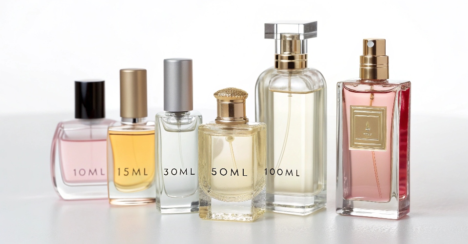 A pyramid diagram showing a perfume brand's product strategy. The wide base is '10ml Trial Size' for customer acquisition, the middle is '50ml Core Product' for sales volume, and the peak is '100ml Value Size' for customer loyalty.