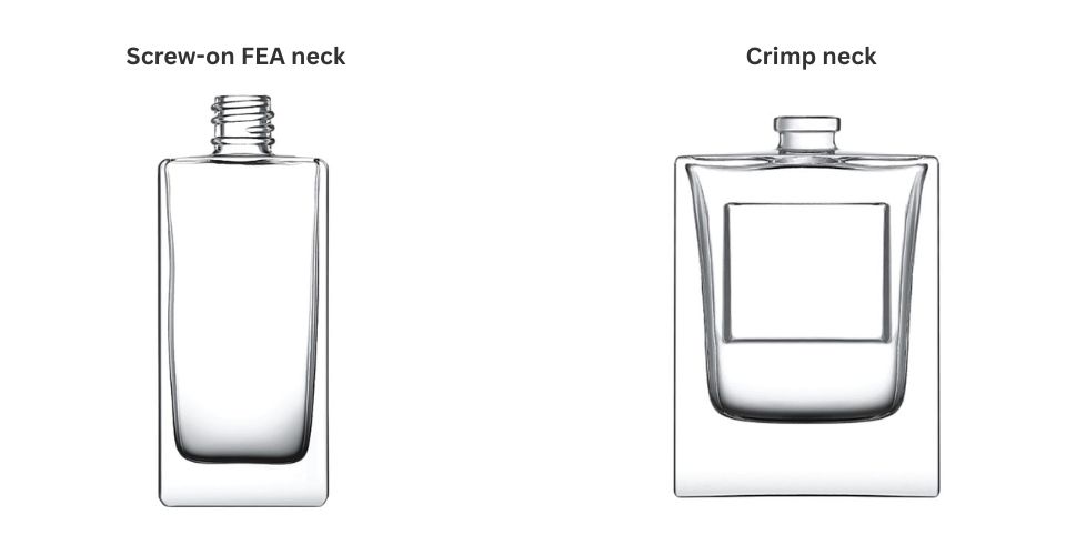 A clear, side-by-side technical drawing comparing a crimp-style perfume bottle neck with a screw-on FEA neck, with labels pointing to key dimensions.