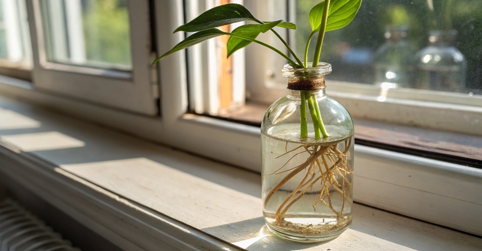 Close-up of a plant cutting with roots growing in water inside a clear glass diffuser bottle, placed on a windowsill.