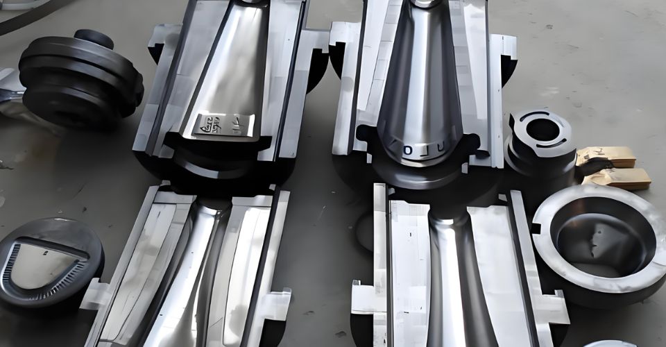 A photograph of a heavy, industrial steel mold used for manufacturing glass perfume bottles, showing the intricate process behind creating a custom bottle shape.