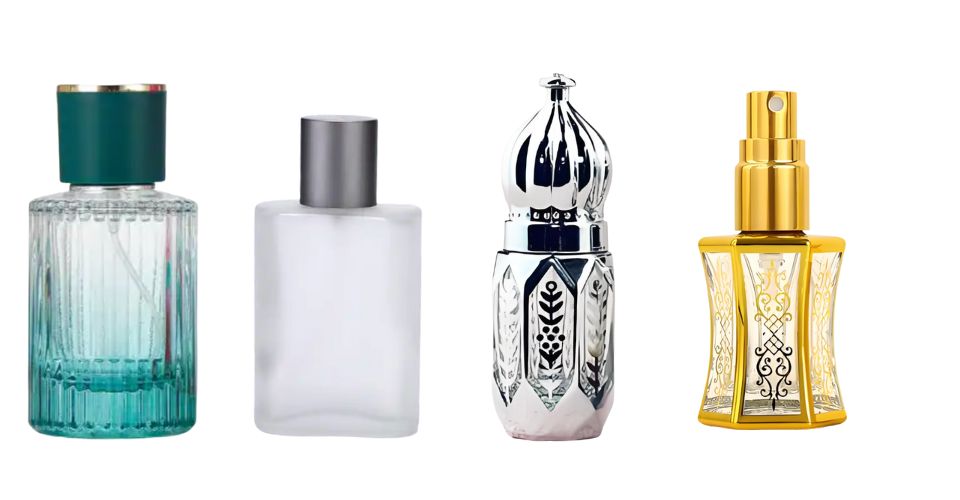 A collage of four close-up images showing different perfume bottle finishes: one with a gradient spray, one with a frosted texture, one with a gold electroplated cap, and one with a silver hot-stamped logo.