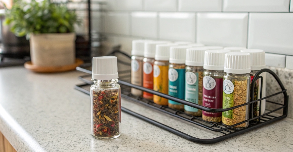 Small, clean diffuser bottle containing colorful dried herbs or exotic spices, neatly labeled, on a kitchen spice rack.