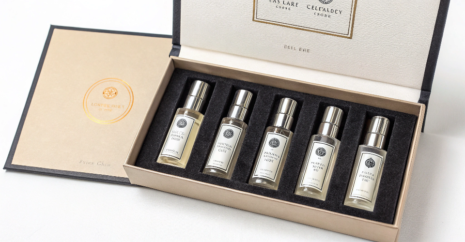 A beautifully packaged discovery set showing 5 mini perfume vials arranged neatly inside a branded box.
