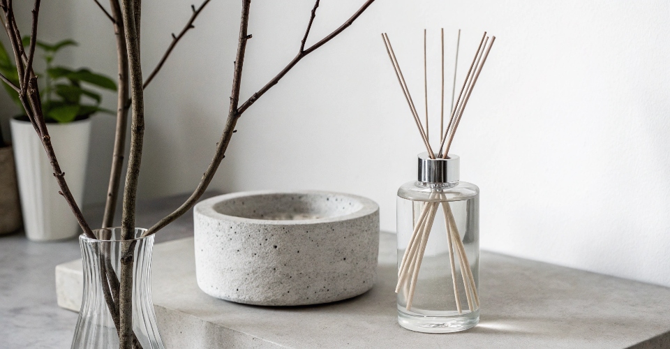 An empty, sleek glass diffuser bottle as part of a minimalist tabletop arrangement with a small concrete planter and a sparse branch.