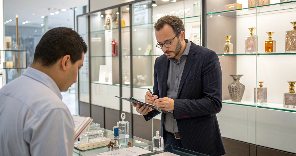 A professional packaging expert from Lom Glassworks in a consultation meeting, reviewing custom perfume bottle designs and glass samples with a client.
