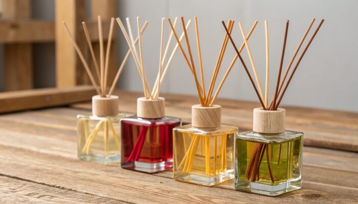 Several modern reed diffusers with different colored oils and various types of reeds (rattan and fiber) on a wooden surface