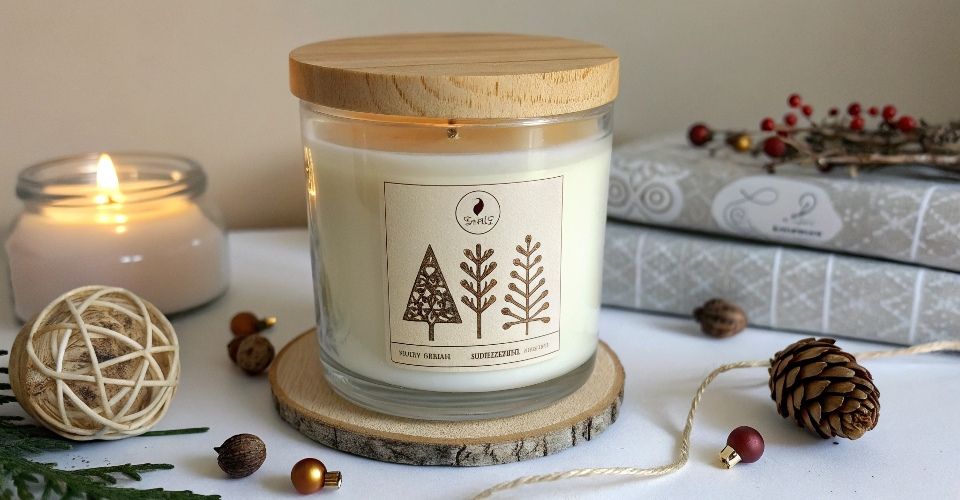 A custom labeled candle in a clear glass jar with a wooden lid, sitting among decorative elements.