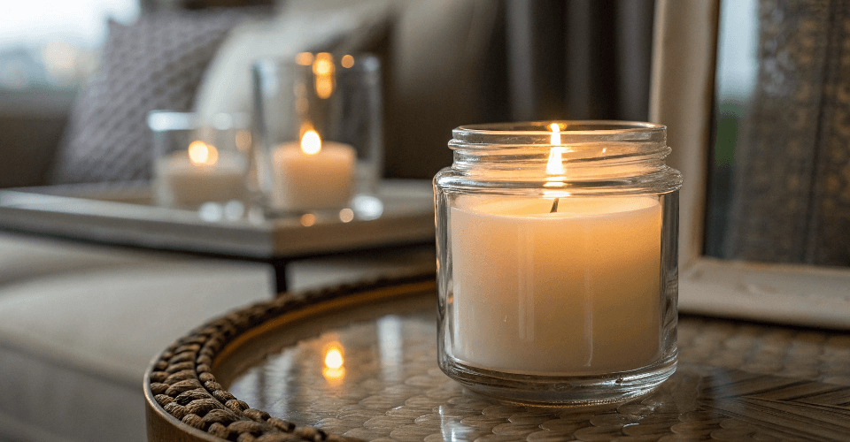 An elegant glass candle jar with a lit wick, showcasing the beauty and appeal of glass containers for candles.