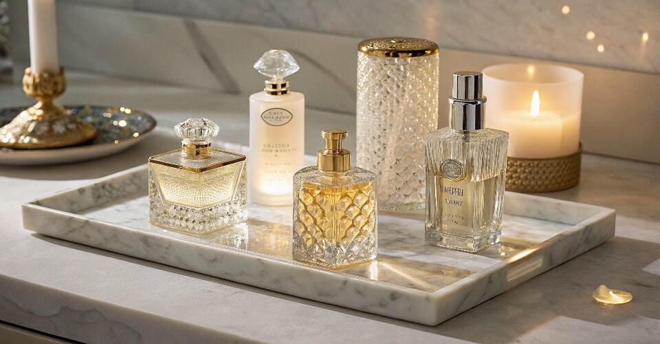 A beautiful collection of various perfume bottles artfully arranged on a marble vanity tray, with soft, elegant lighting.