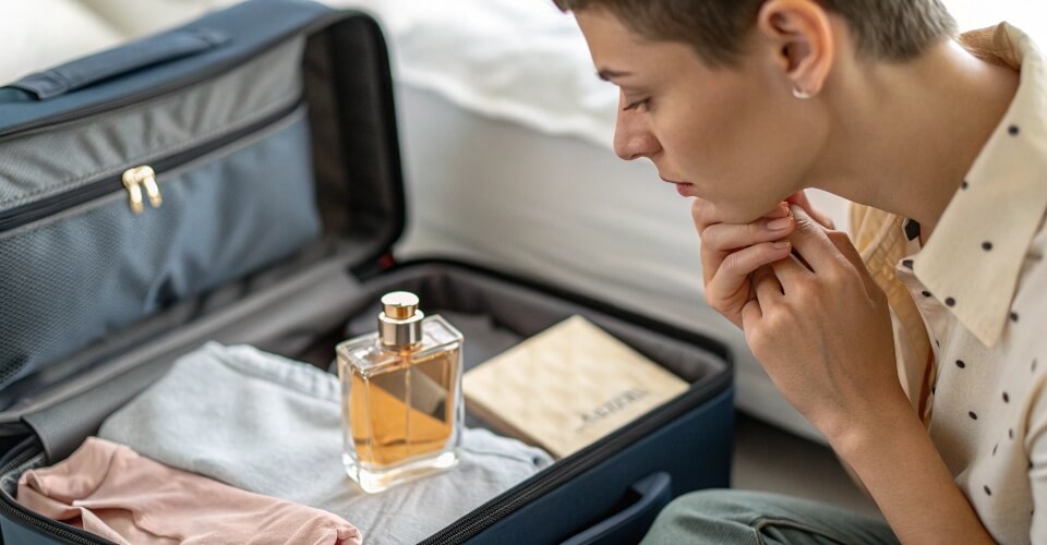 A person looking thoughtfully at a perfume bottle next to an open suitcase, representing the common question of how to pack perfume for a flight.