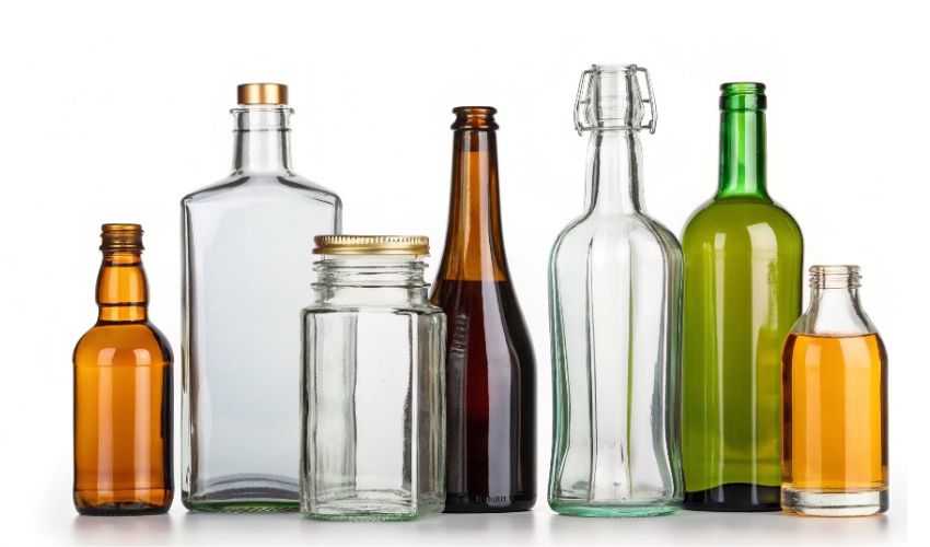 An assortment of clear, green, and brown glass bottles used for wine and beverages in South Africa.
