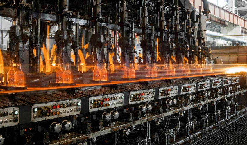The LOM Glassworks production line, showing custom glass bottles undergoing an automated manufacturing process.