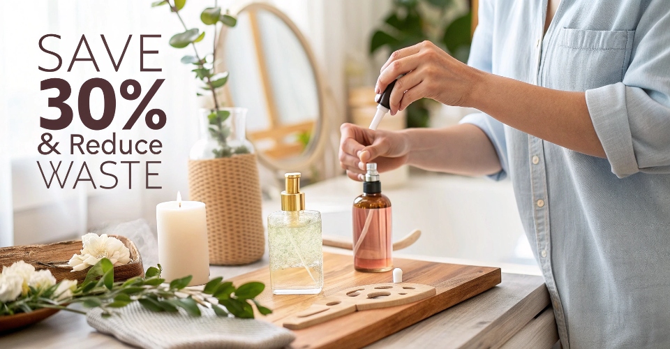A lifestyle photo showing a person refilling their perfume at home, with text overlays like