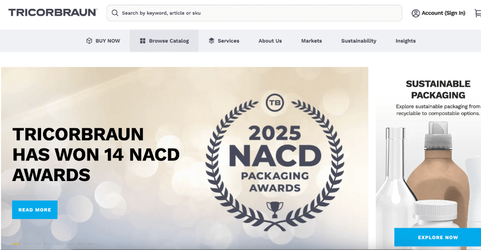 A screenshot of the TricorBraun website banner, emphasizing their expertise in packaging design, engineering, and global sourcing.
