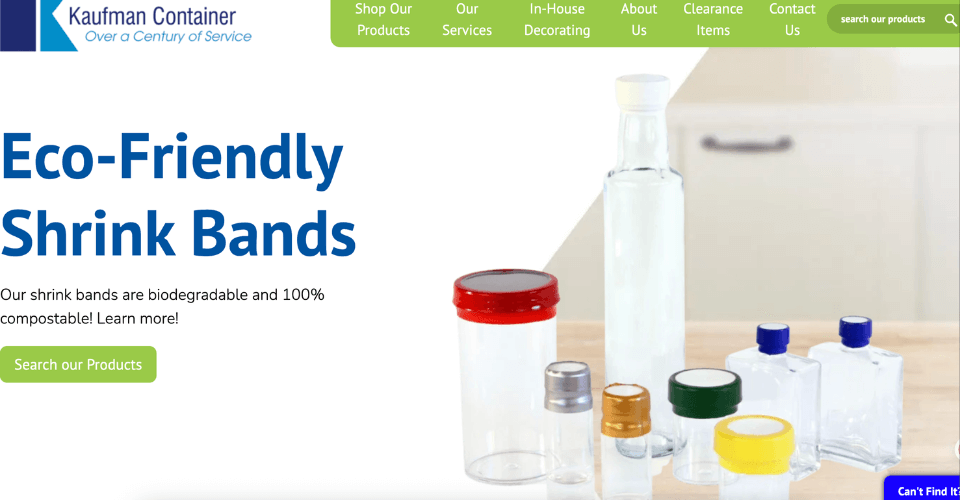 A screenshot of the Kaufman Container website banner, presenting them as a lead supplier of packaging components.