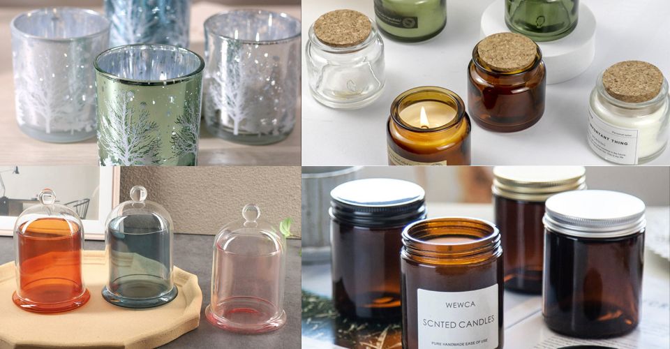 An array of custom candle jars showcasing various surface treatments like color spraying, decal application, and silk screen printing by LOM Glassworks.