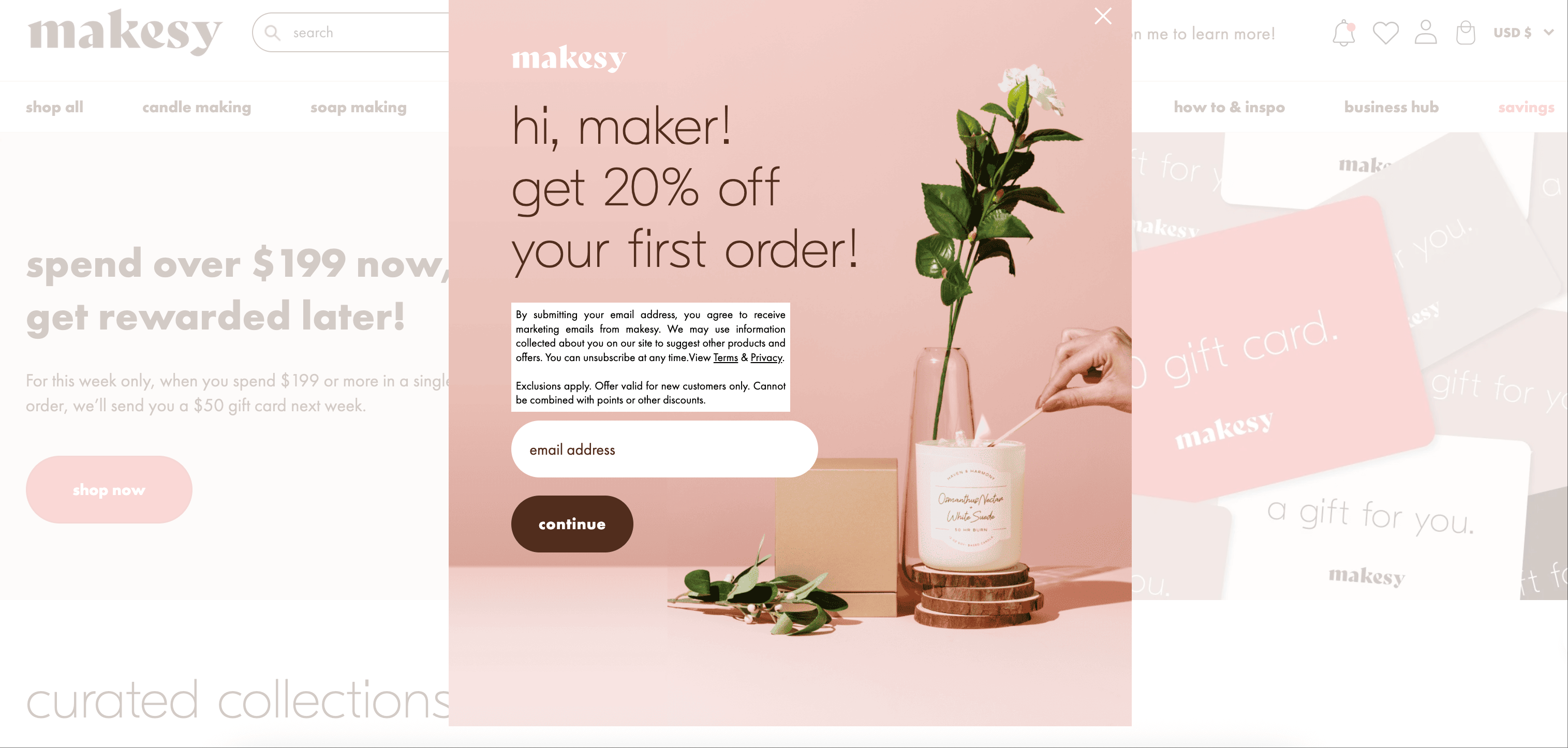 The website banner for Makesy, an international supplier of innovative candle making vessels and supplies.
