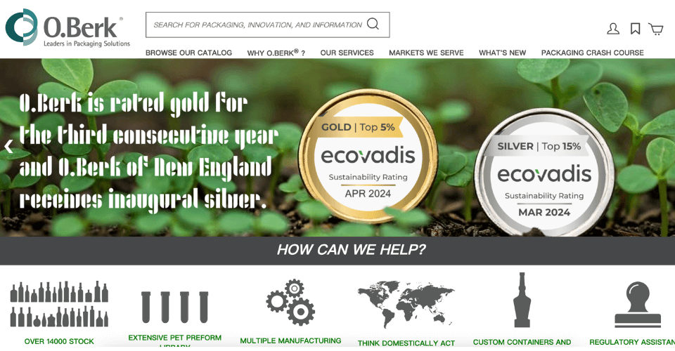A screenshot of the O.Berk Company website banner, highlighting their century-long history in wholesale packaging distribution.