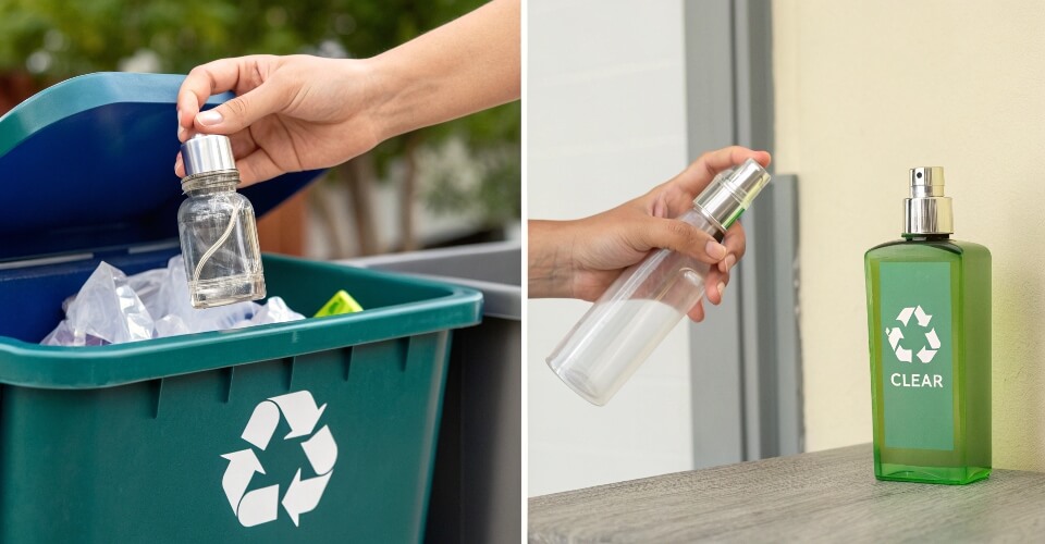 A split image showing a hand putting a standard perfume bottle into a recycling bin on one side, and another hand proudly holding a permanent refillable bottle on the other.