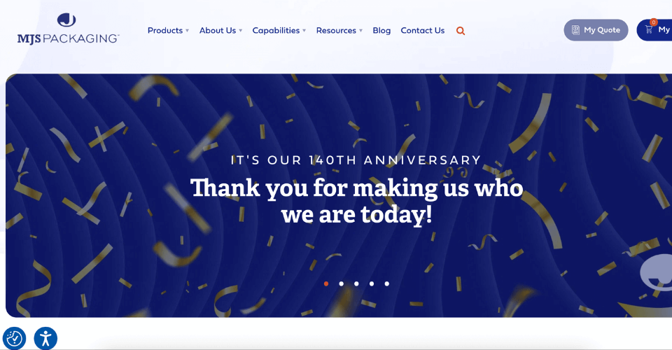 A screenshot of the MJS Packaging website banner, showcasing their packaging solutions and global supply chain services.
