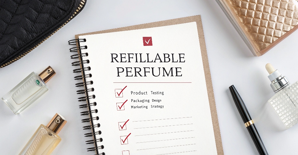 A clean and modern checklist graphic summarizing the key questions for launching a refillable perfume.