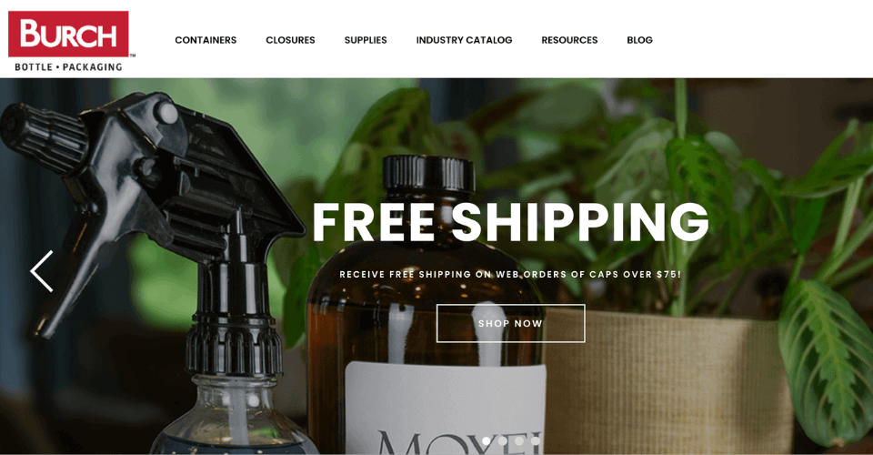 A screenshot of the Burch Bottle & Packaging website banner, displaying their online catalog of glass and plastic containers.