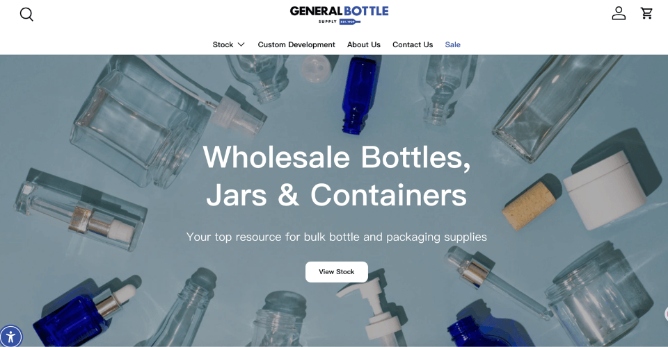 A screenshot of the General Bottle Supply website banner, featuring their extensive range of bottles and jars.