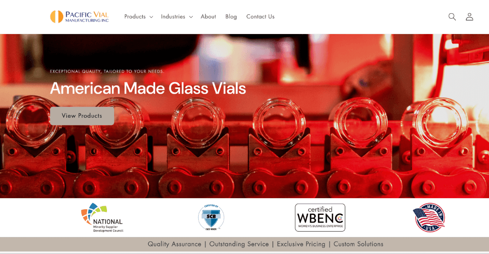 A screenshot of the Pacific Vial Manufacturing website banner, focusing on their production of glass vials.