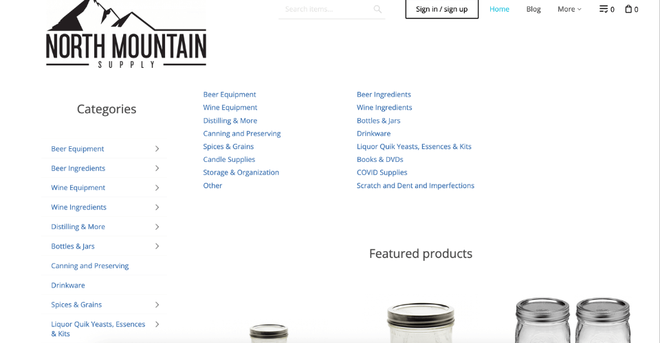A screenshot of the North Mountain Supply website banner, offering supplies for home winemaking and brewing.
