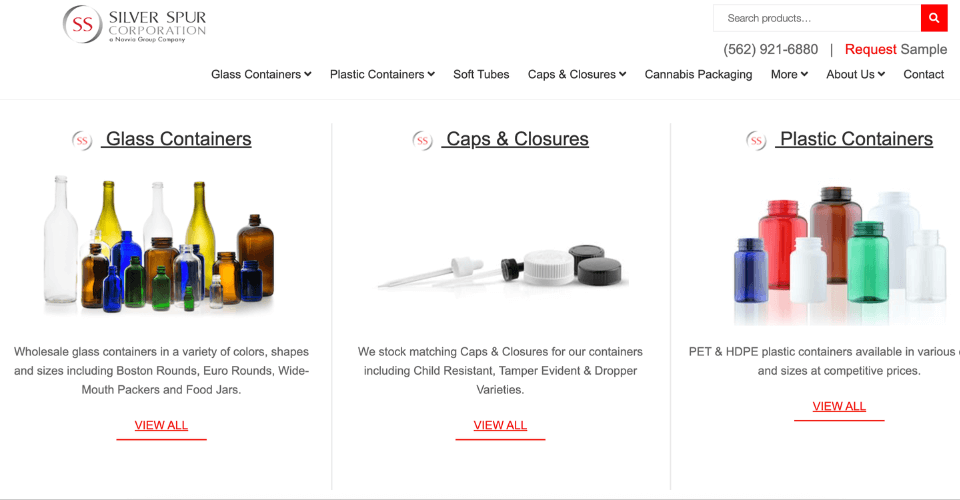 A screenshot of the Silver Spur Corporation website banner, showcasing their range of bottles and jars with a focus on quality.