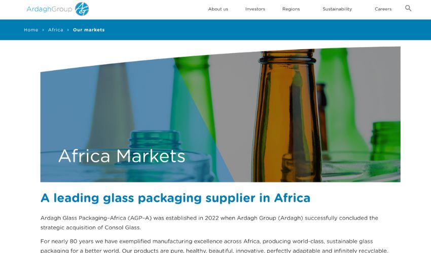 Official banner for Ardagh Glass Packaging–Africa (AGP–A), the largest glass manufacturer in South Africa.