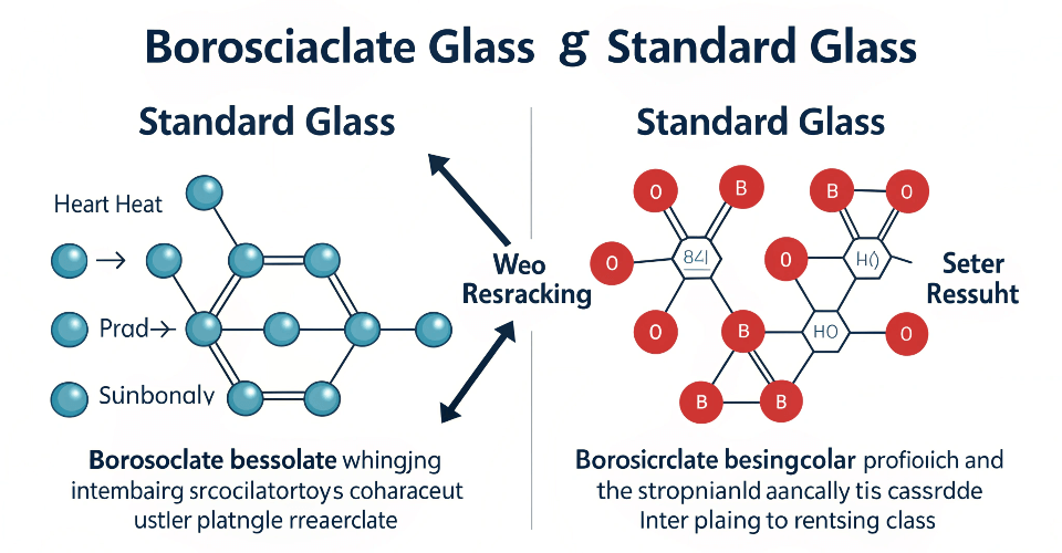 A scientific diagram showing the low thermal expansion of borosilicate glass compared to regular soda-lime glass.