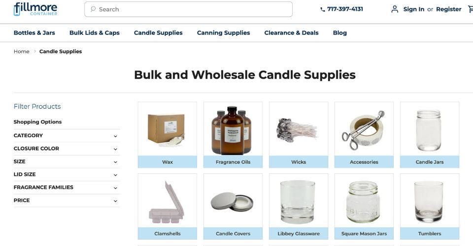 The banner for Fillmore Container, a glass candle supplier in the USA.