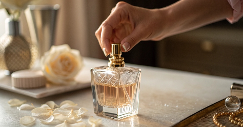 A close-up, high-end photograph of a hand carefully refilling a beautiful, minimalist perfume bottle, emphasizing the act of care and permanence.