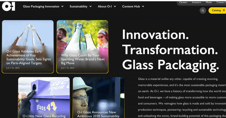 A screenshot of the O-I Glass website banner, showcasing their role as a global leader in glass container manufacturing.