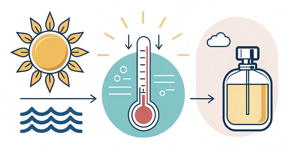An infographic with three icons: a bright sun for Light, a thermometer for Heat, and a wind symbol for Air, each pointing towards a perfume bottle.